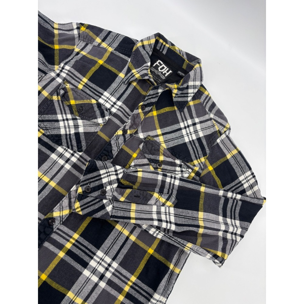 Fox Racing Mens Flannel Shirt Large Black Yellow Plaid Long Sleeve Button Down
